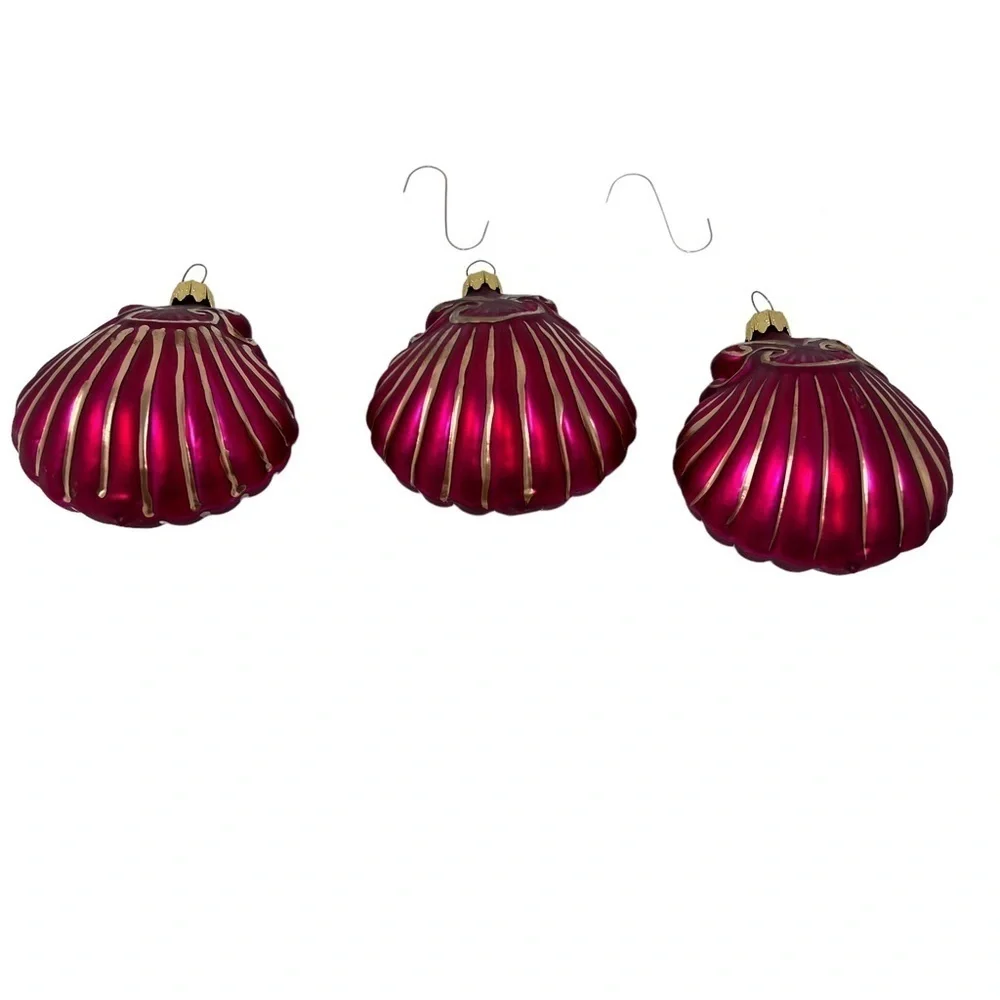 VTG Tannenbaum Collection Four Poland Blown Glass Red Gold Sea Shell Ornaments